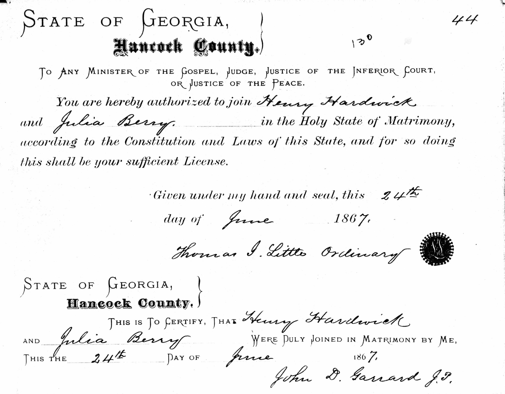 Henry Hardwick and Julia Berry Marriage Certificate. June 24, 1867.