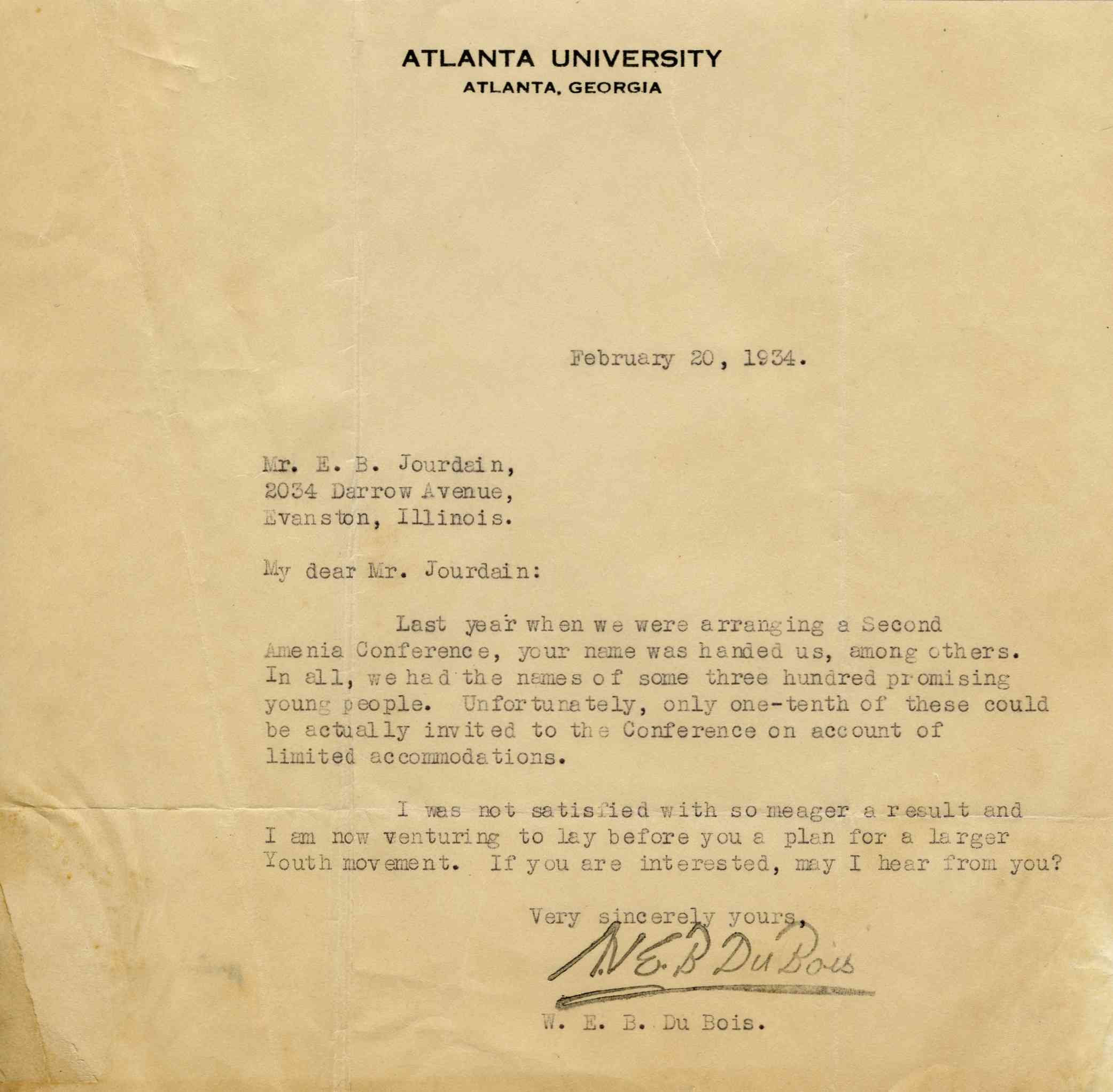 A letter from W.E.B. Du Bois to Edwin B. Jourdain Jr.