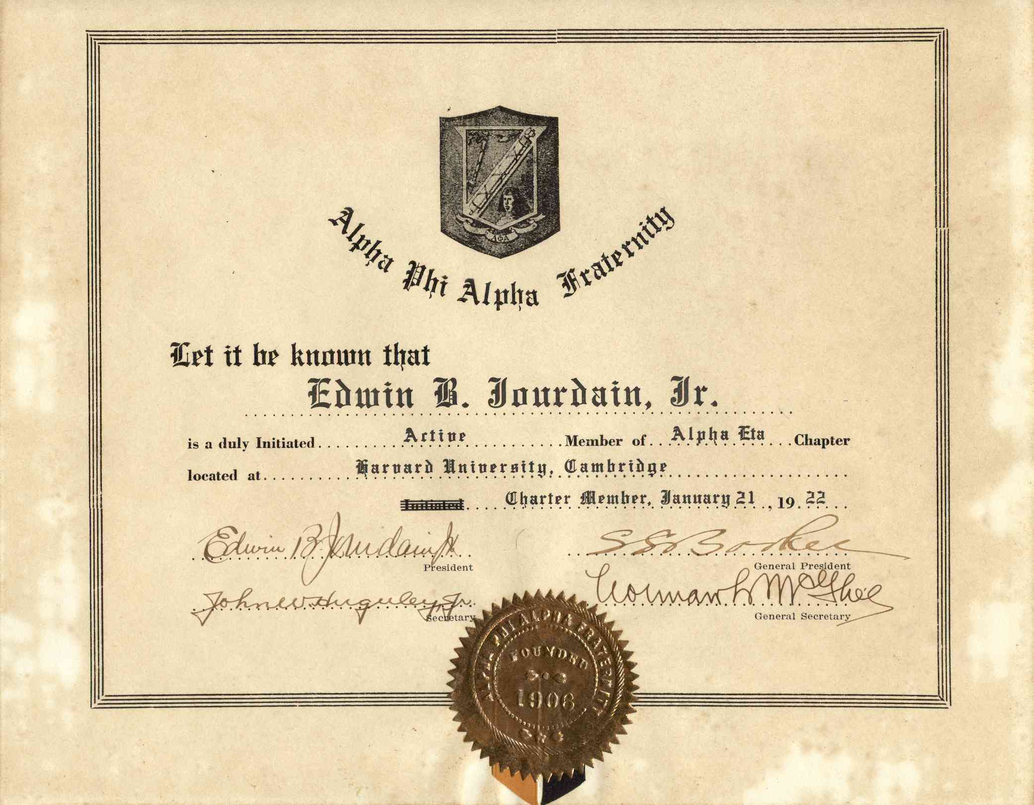 Alpha Phi Alpha membership certificate