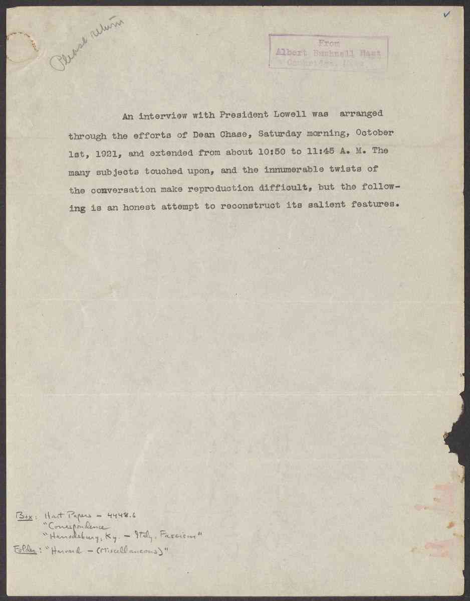 Edwin Jourdain notes on meeting with Abbott Lawrence Lowell