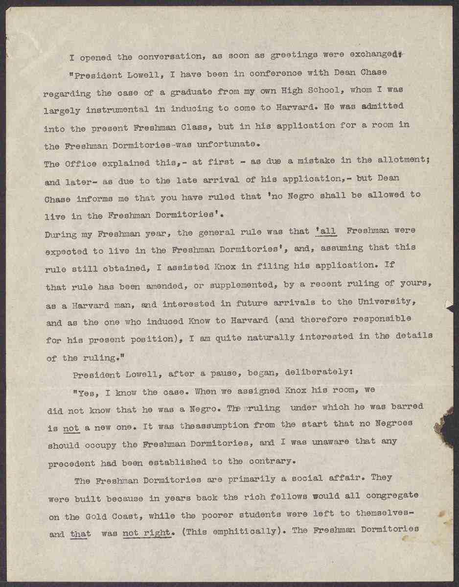 Edwin Jourdain notes on meeting with Abbott Lawrence Lowell