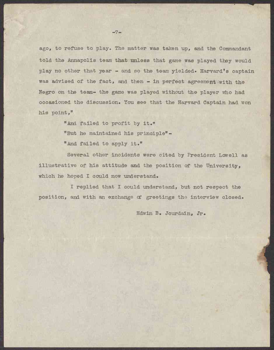 Edwin Jourdain notes on meeting with Abbott Lawrence Lowell