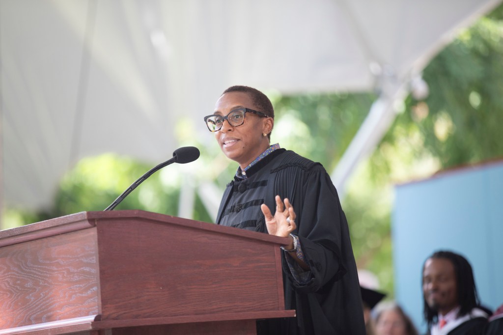 Claudine Gay at a podium