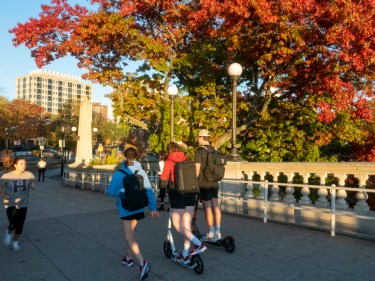 students walking across a bridge with orange leaves overhead.