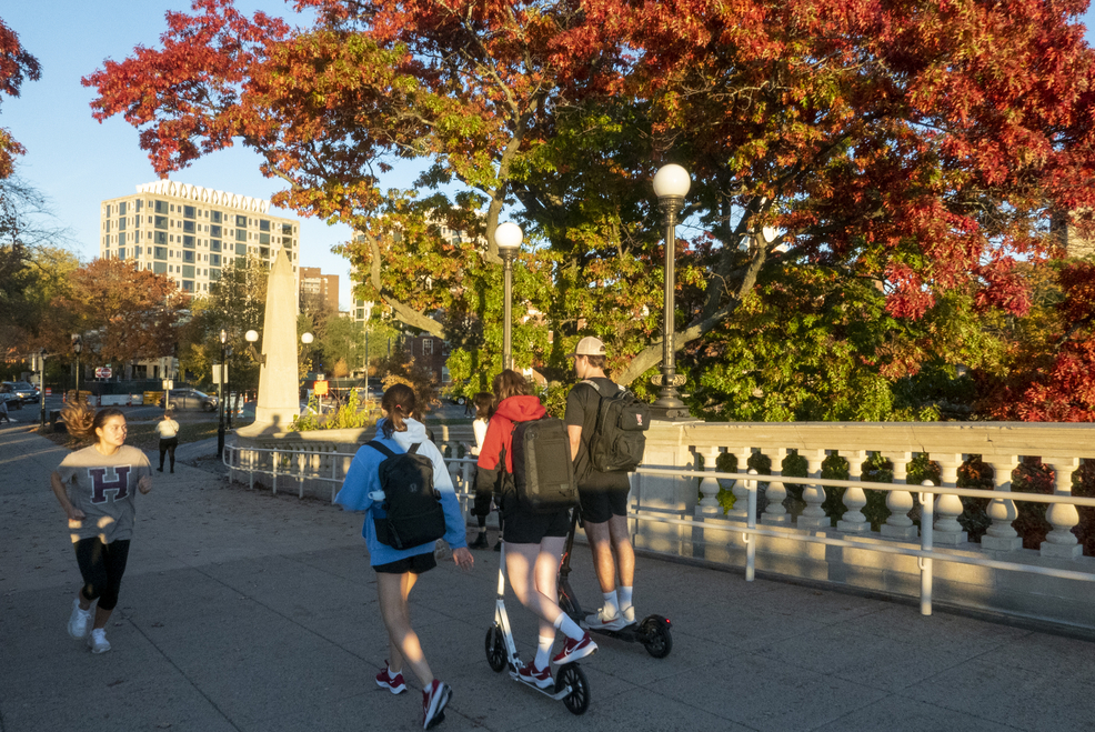 students walking across a bridge with orange leaves overhead.