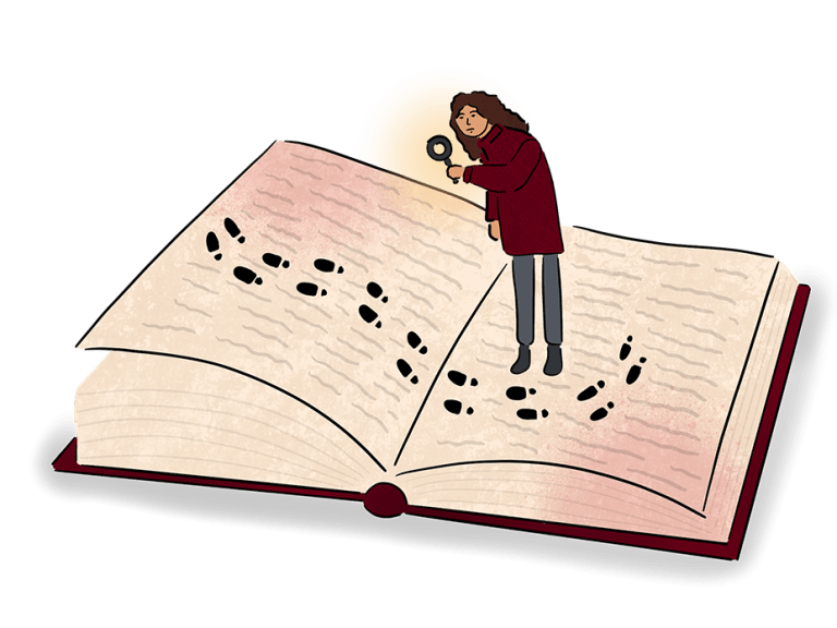 An illustration of a person with a magnifying glass looking at footsteps in an open book.