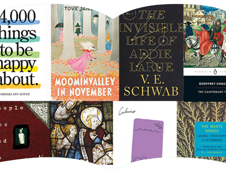 Illustration of a collage of book covers shaped like an open book.